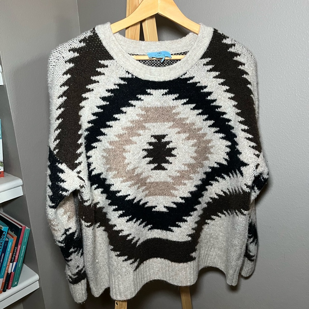 CeCe Black, Cream, and Brown Patterned Sweater